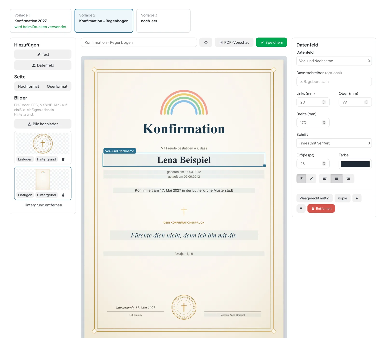 Der Urkunden-Editor in CIVITAS: links Bilder und Datenfelder, in der Mitte die Urkunde mit ausgewähltem Namensfeld, rechts Schrift, Größe und Farbe